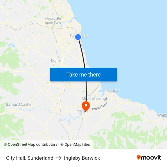 City Hall, Sunderland to Ingleby Barwick map