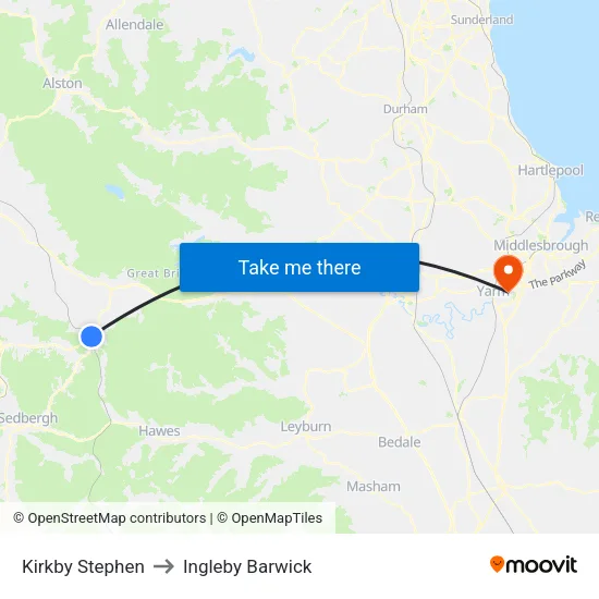 Kirkby Stephen to Ingleby Barwick map