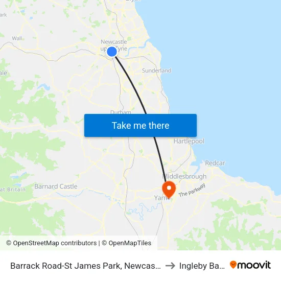 Barrack Road-St James Park, Newcastle upon Tyne to Ingleby Barwick map