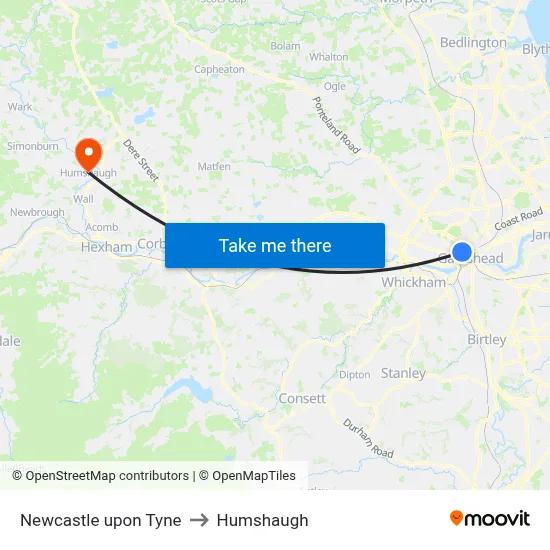 Newcastle upon Tyne to Humshaugh map