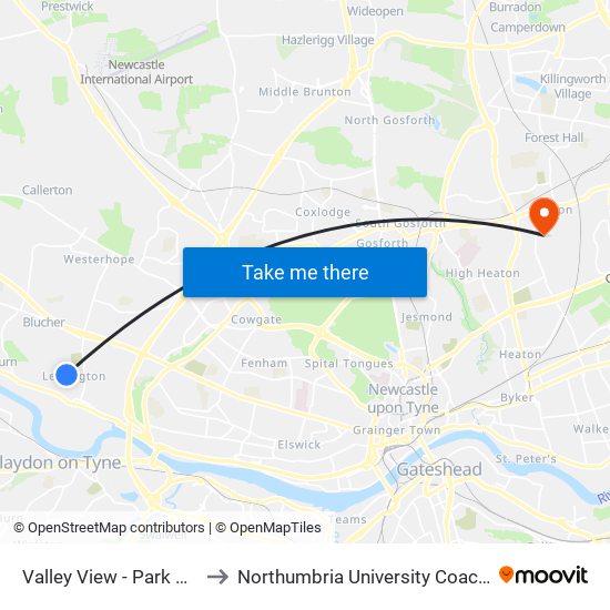 Valley View - Park Rise, Lemington to Northumbria University Coach Lane Campus East map