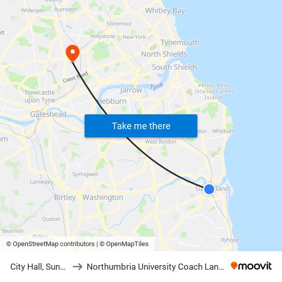 City Hall, Sunderland to Northumbria University Coach Lane Campus East map