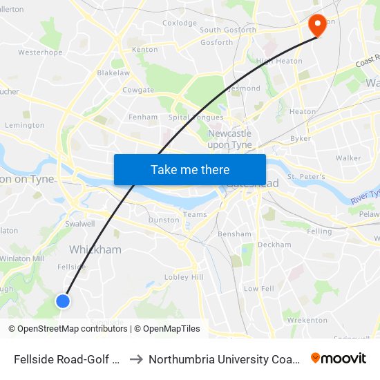 Fellside Road-Golf Club, Whickham to Northumbria University Coach Lane Campus East map