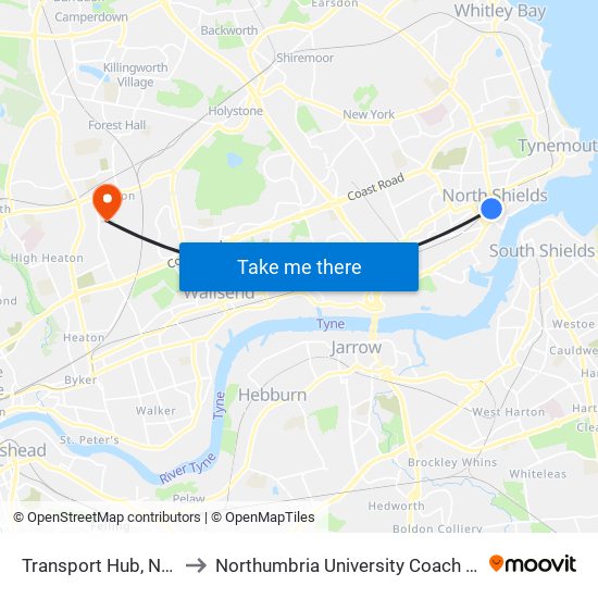 Transport Hub, North Shields to Northumbria University Coach Lane Campus East map