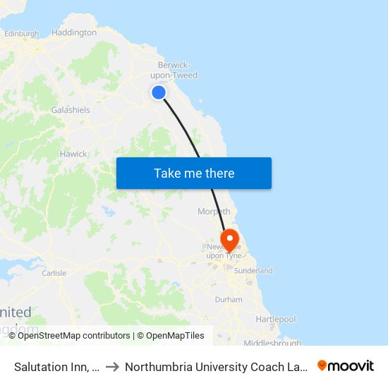 Salutation Inn, Norham to Northumbria University Coach Lane Campus East map