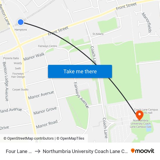 Four Lane Ends to Northumbria University Coach Lane Campus East map