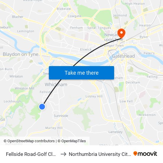 Fellside Road-Golf Club, Whickham to Northumbria University City Campus East map