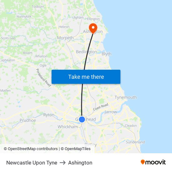 Newcastle Upon Tyne to Ashington map