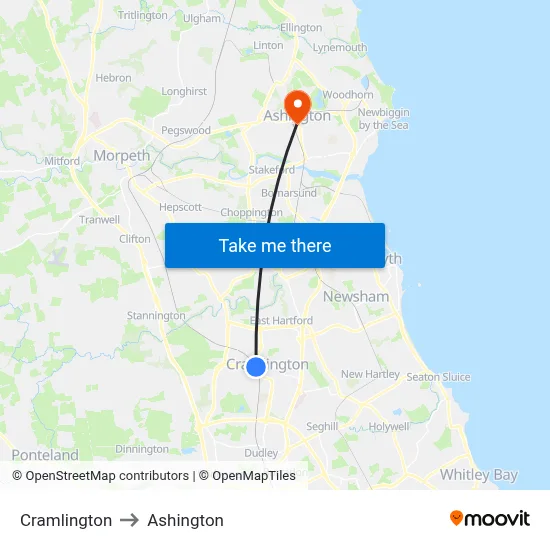 Cramlington to Ashington map