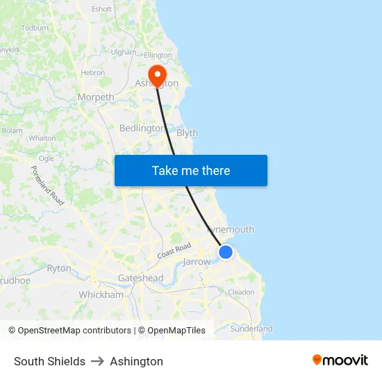 South Shields to Ashington map