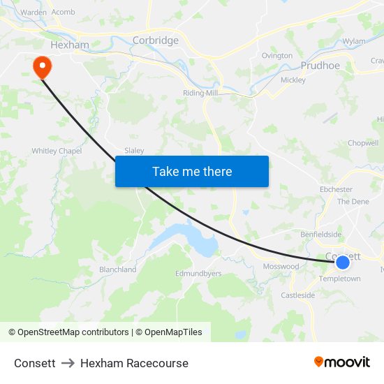 Consett to Hexham Racecourse map