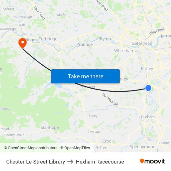 Chester-Le-Street Library to Hexham Racecourse map
