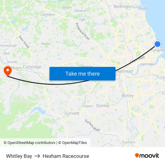 Whitley Bay to Hexham Racecourse map