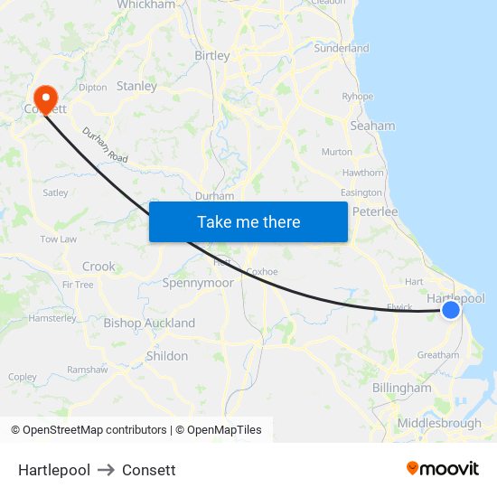 Hartlepool to Consett map