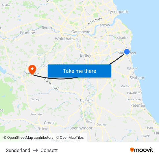 Sunderland to Consett map