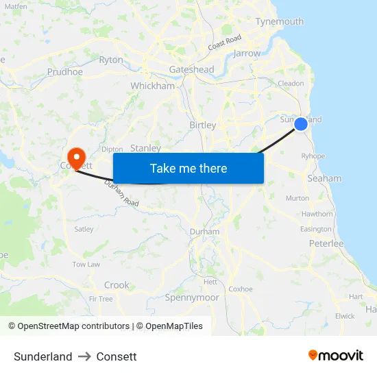 Sunderland to Consett map