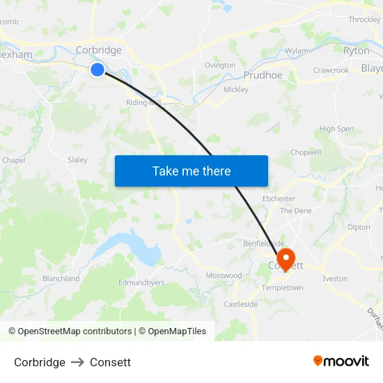 Corbridge to Consett map