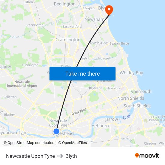Newcastle Upon Tyne to Blyth map