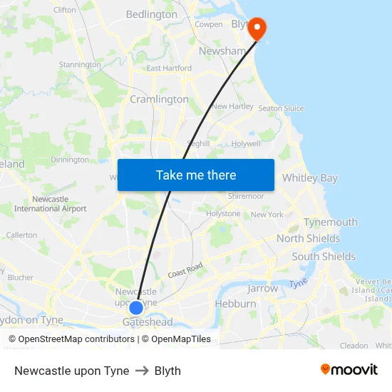Newcastle upon Tyne to Blyth map