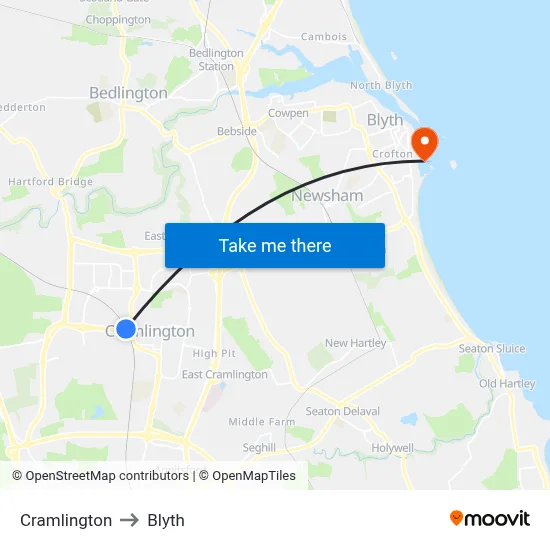 Cramlington to Blyth map