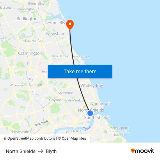 North Shields to Blyth map
