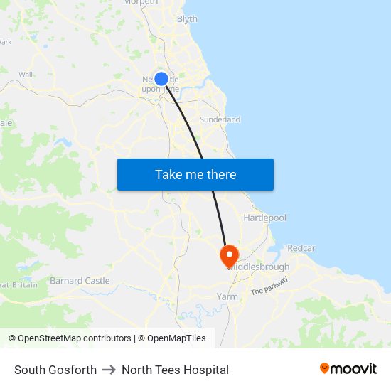 South Gosforth to North Tees Hospital map