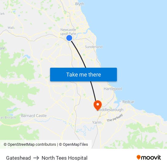 Gateshead to North Tees Hospital map
