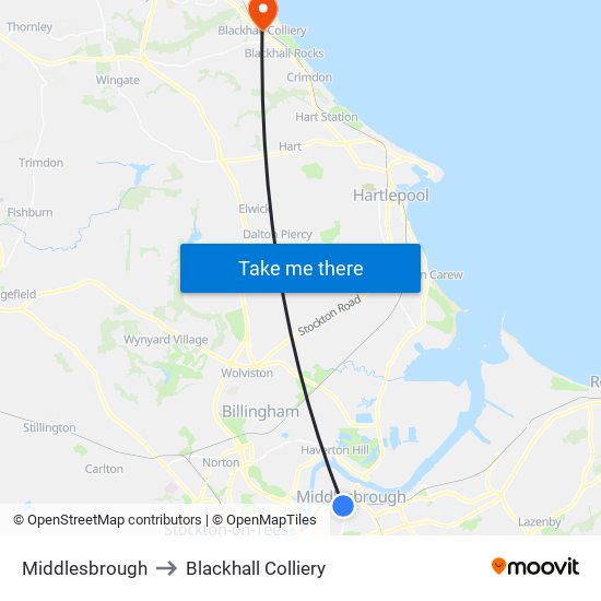 Middlesbrough to Blackhall Colliery map