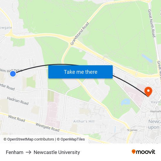 Fenham to Newcastle University map