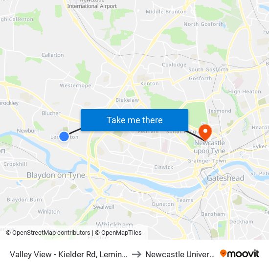 Valley View - Kielder Rd, Lemington to Newcastle University map