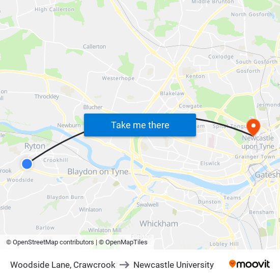 Woodside Lane, Crawcrook to Newcastle University map