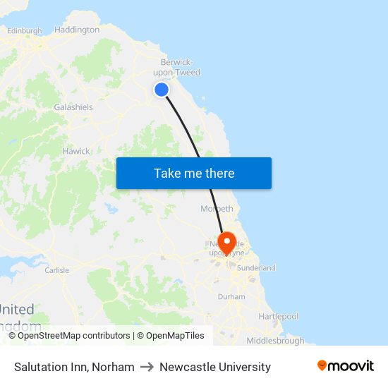 Salutation Inn, Norham to Newcastle University map