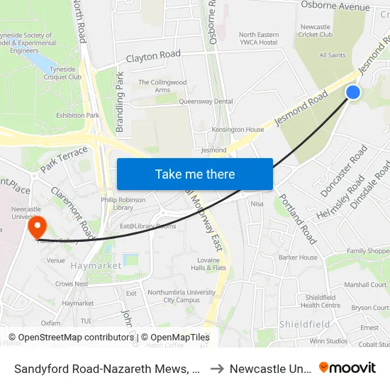 Sandyford Road-Nazareth Mews, Jesmond Vale to Newcastle University map