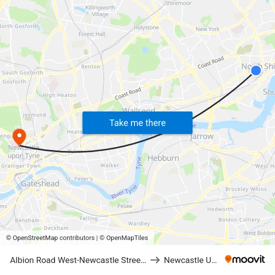 Albion Road West-Newcastle Street, North Shields to Newcastle University map