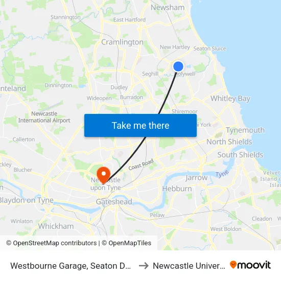 Westbourne Garage, Seaton Delaval to Newcastle University map