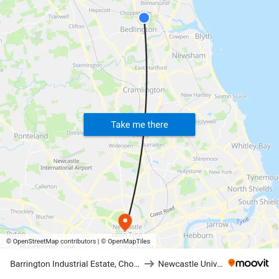 Barrington Industrial Estate, Choppington to Newcastle University map