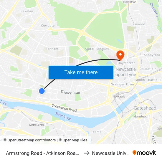 Armstrong Road - Atkinson Road, Benwell to Newcastle University map