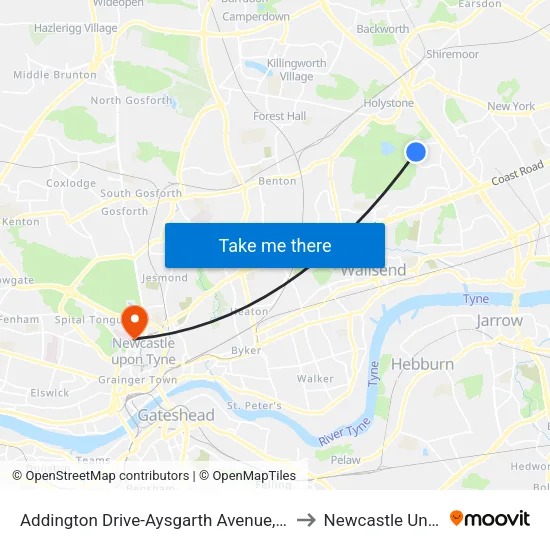 Addington Drive-Aysgarth Avenue, Hadrian Park to Newcastle University map