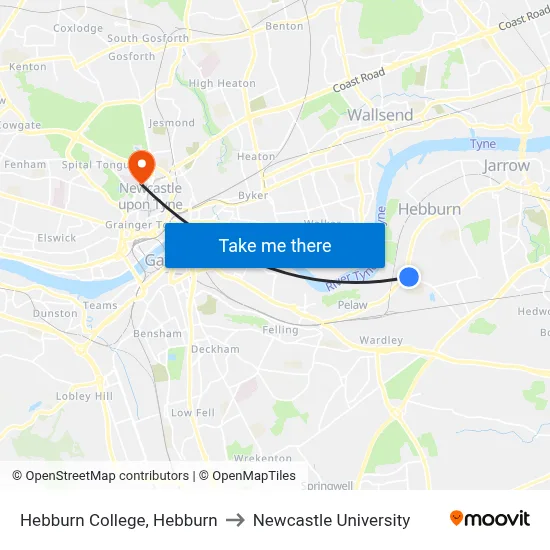 Hebburn College, Hebburn to Newcastle University map