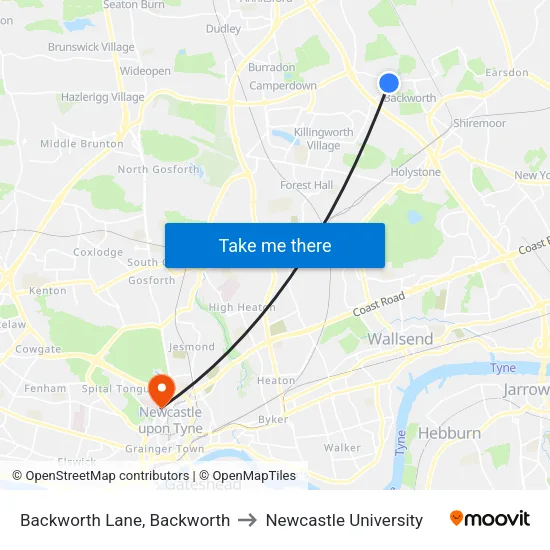 Backworth Lane, Backworth to Newcastle University map
