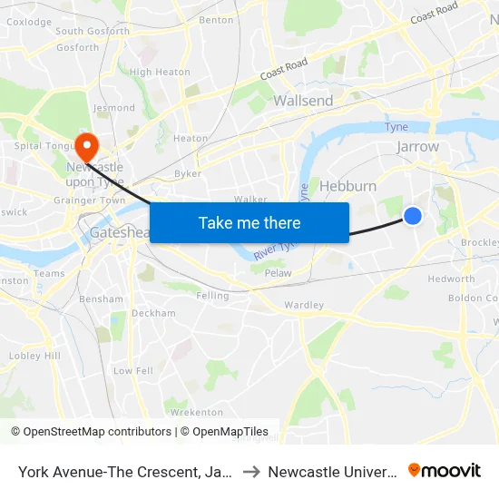 York Avenue-The Crescent, Jarrow to Newcastle University map