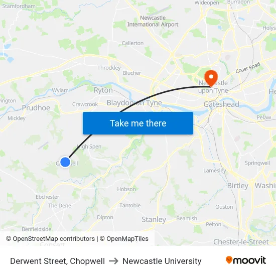 Derwent Street, Chopwell to Newcastle University map