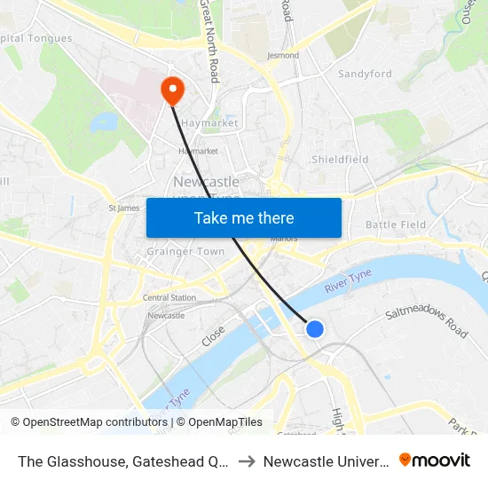 The Glasshouse, Gateshead Quays to Newcastle University map
