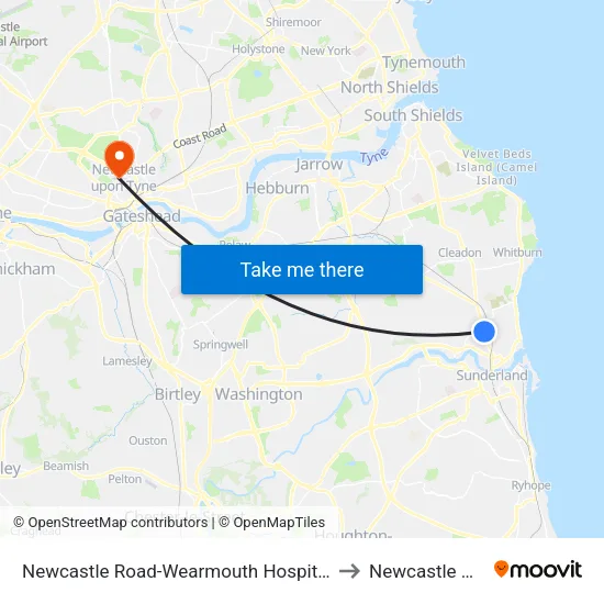 Newcastle Road-Wearmouth Hospital, Monkwearmouth to Newcastle University map
