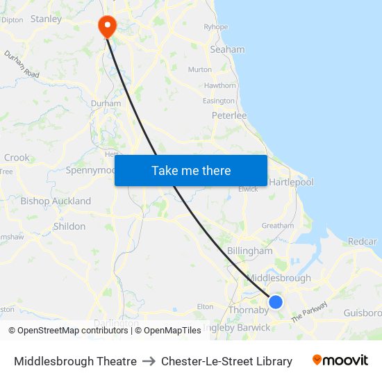 Middlesbrough Theatre to Chester-Le-Street Library map