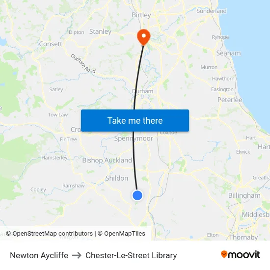 Newton Aycliffe to Chester-Le-Street Library map