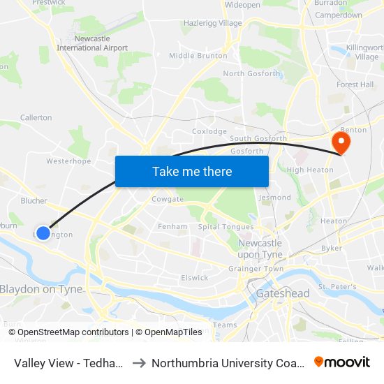 Valley View - Tedham Rd, Lemington to Northumbria University Coach Lane Campus West map