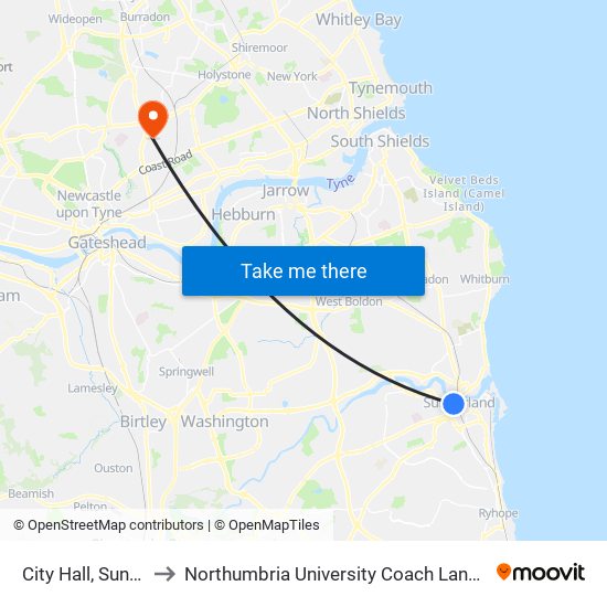 City Hall, Sunderland to Northumbria University Coach Lane Campus West map