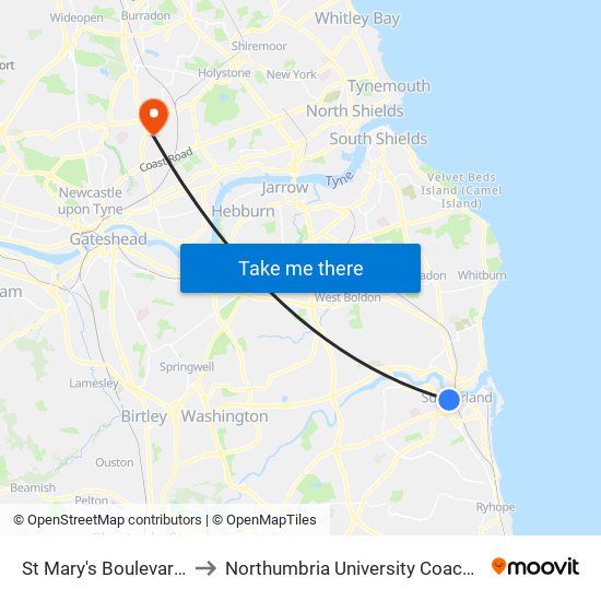 St Mary's Boulevard, Sunderland to Northumbria University Coach Lane Campus West map