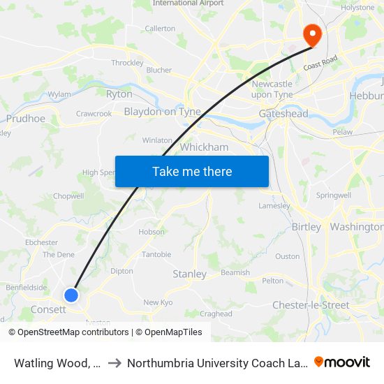 Watling Wood, Leadgate to Northumbria University Coach Lane Campus West map